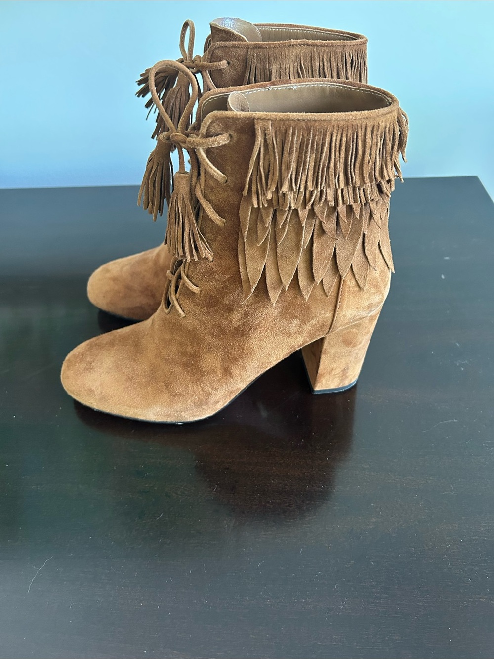 Aquazzura Tan Suede Fringe Lace-Up Ankle Boots Size 8